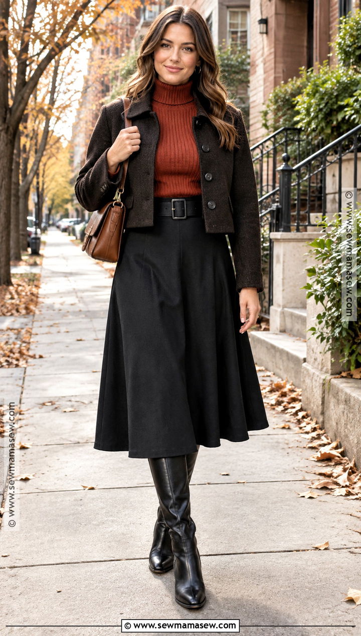 Black A Line Skirt With Turtleneck And Tall Boots - 20 fall outfits with black skirt