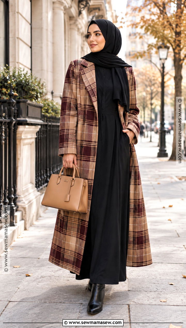Black Abaya And Plaid Coat Fall Hijab Outfit - 20 fall outfit hijab ideas