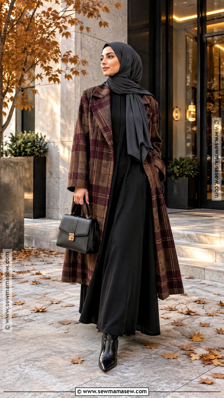 Black Abaya And Plaid Coat Hijab Outfit - 20 Hijab Fashion Autumn Ideas