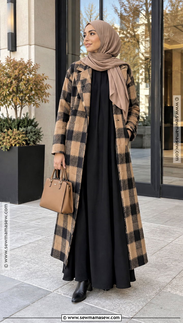Black Abaya And Plaid Coat Hijabi Fall Outfit - 25 hijabi fall outfits