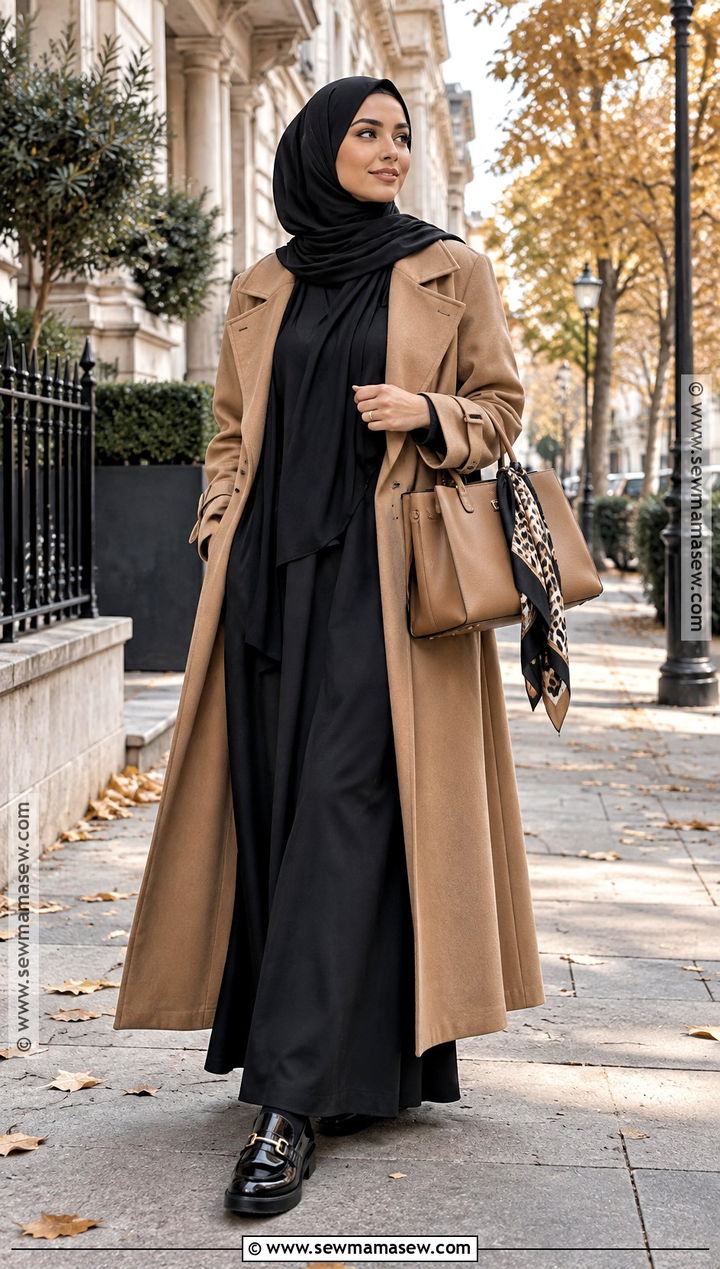 Black Abaya With Camel Trench Coat - 15 autumn abaya outfits