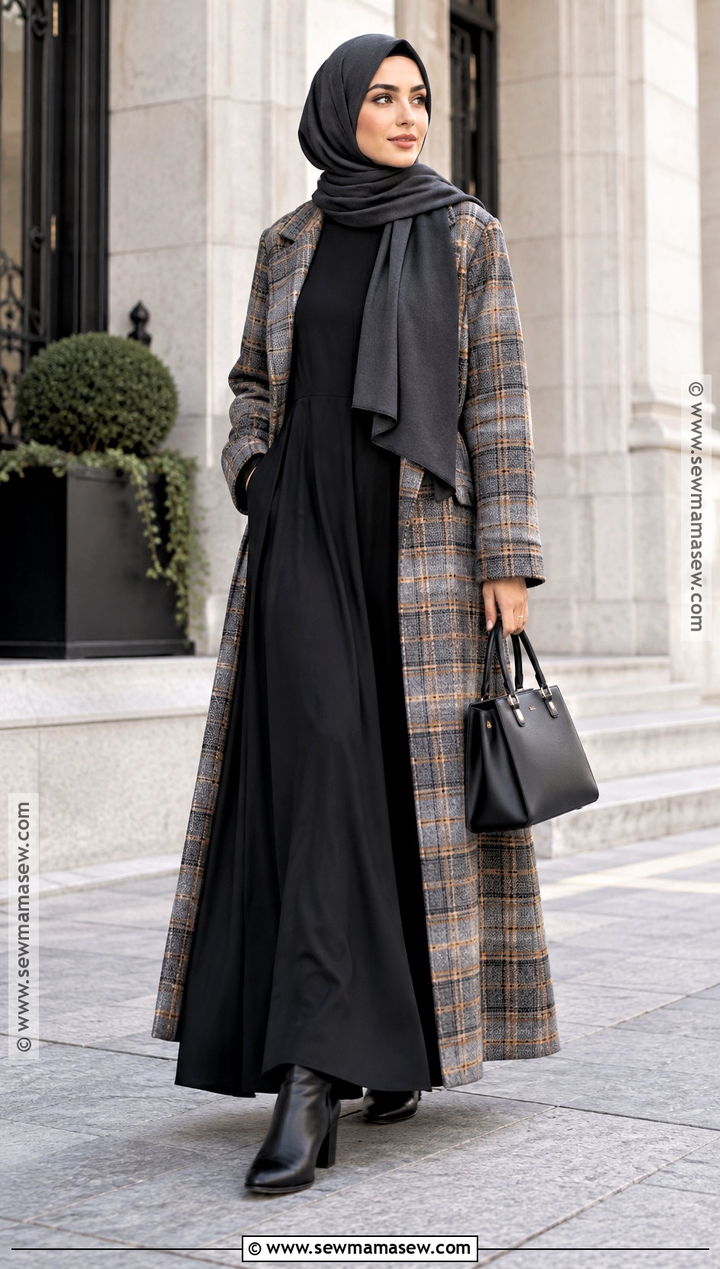 Black Abaya and Checked Coat Hijab Outfit - 25 fall hijab outfits