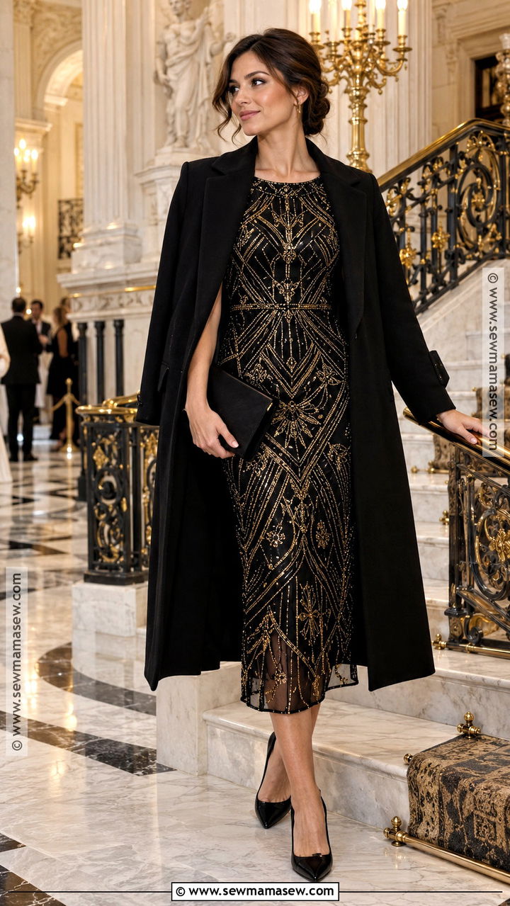 Black And Gold Art Deco Fall Wedding Guest Dress - 20 fall dress wedding guest ideas