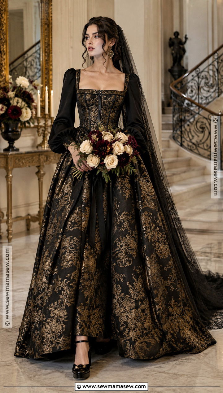 Black And Gold Brocade Gothic Wedding Dress - 15 Gothic Fall Wedding Dress Ideas