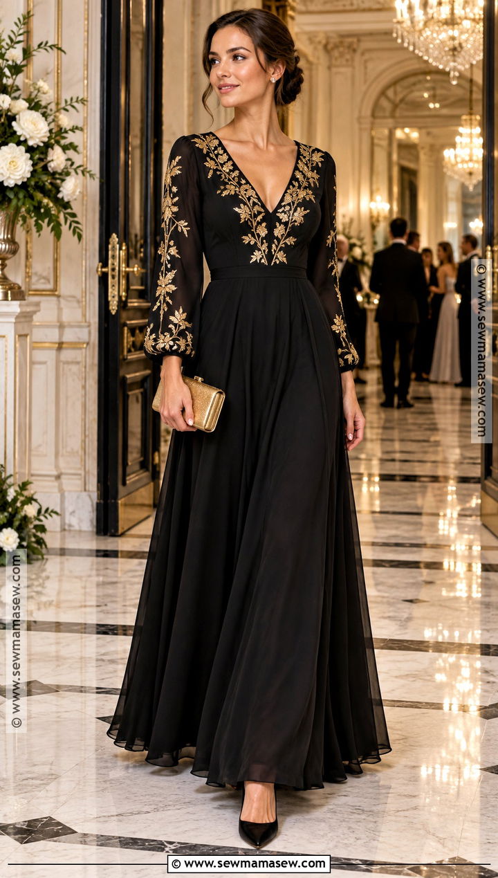 Black And Gold Embroidered Autumn Wedding Guest Dress - 25 autumn wedding guest dress ideas
