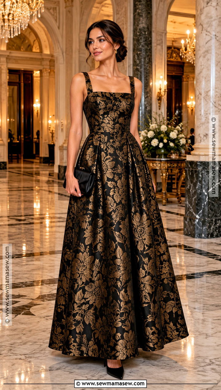 Black And Gold Jacquard Black Tie Wedding Guest Dress - 15 Black Tie Wedding Guest Dress September Ideas