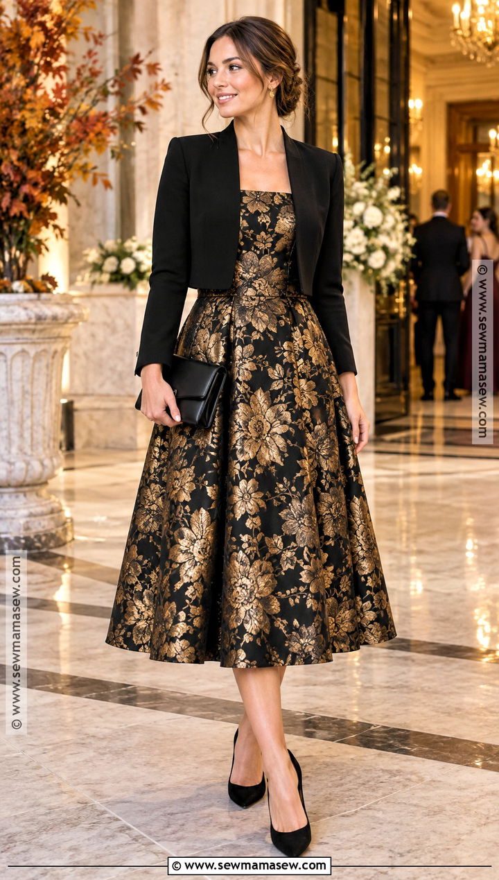 Black And Gold Jacquard Fall Wedding Guest Dress - 25 wedding guest dress fall ideas