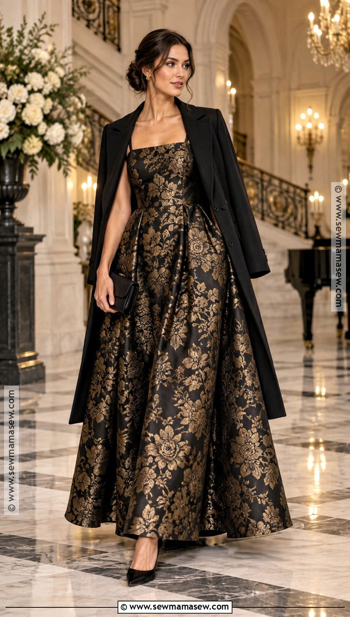 Black And Gold Jacquard Fall Wedding Guest Gown - 25 fall wedding guest dress october formal ideas
