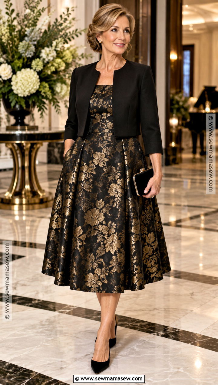 Black And Gold Jacquard Mother Of The Bride Midi Dress - 20 Mother Of The Bride Dresses Fall Wedding