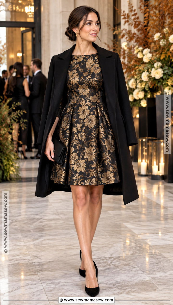 Black And Gold Jacquard Short Wedding Guest Dress - 15 Short Fall Wedding Guest Dress Ideas