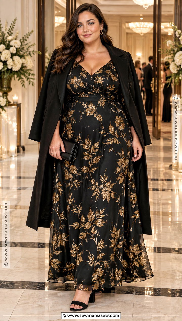 Black And Gold Printed Fall Wedding Guest Dress - 25 fall wedding guest dress ideas for plus size