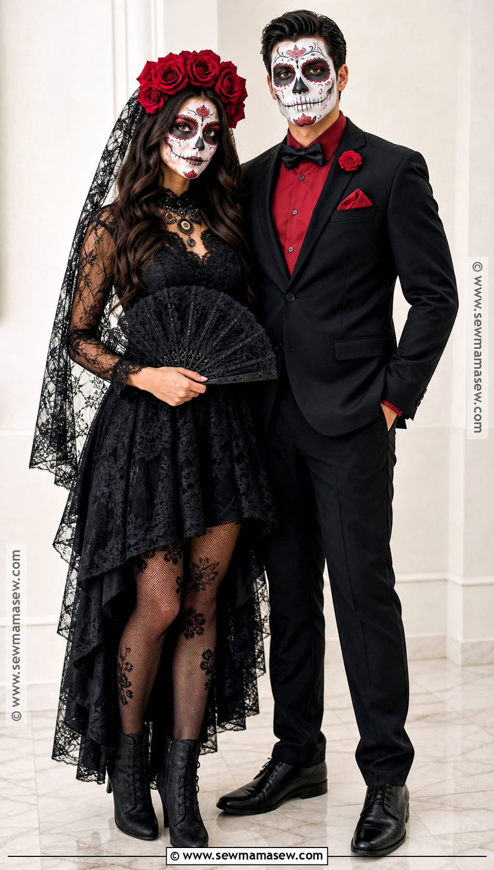 Black And Red Couple Sugar Skull Costume - 35 sugar skull costume ideas
