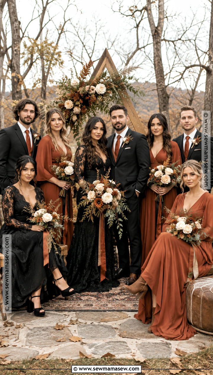 Black And Terracotta Fall Boho Wedding Party Attire - 15 fall boho wedding party attire ideas