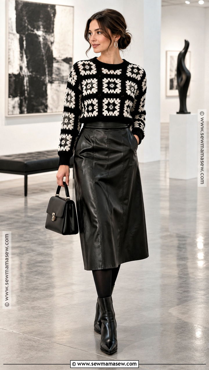 Black And White Granny Square Sweater With Faux Leather Skirt - 15 Fall Granny Square Sweater Ideas