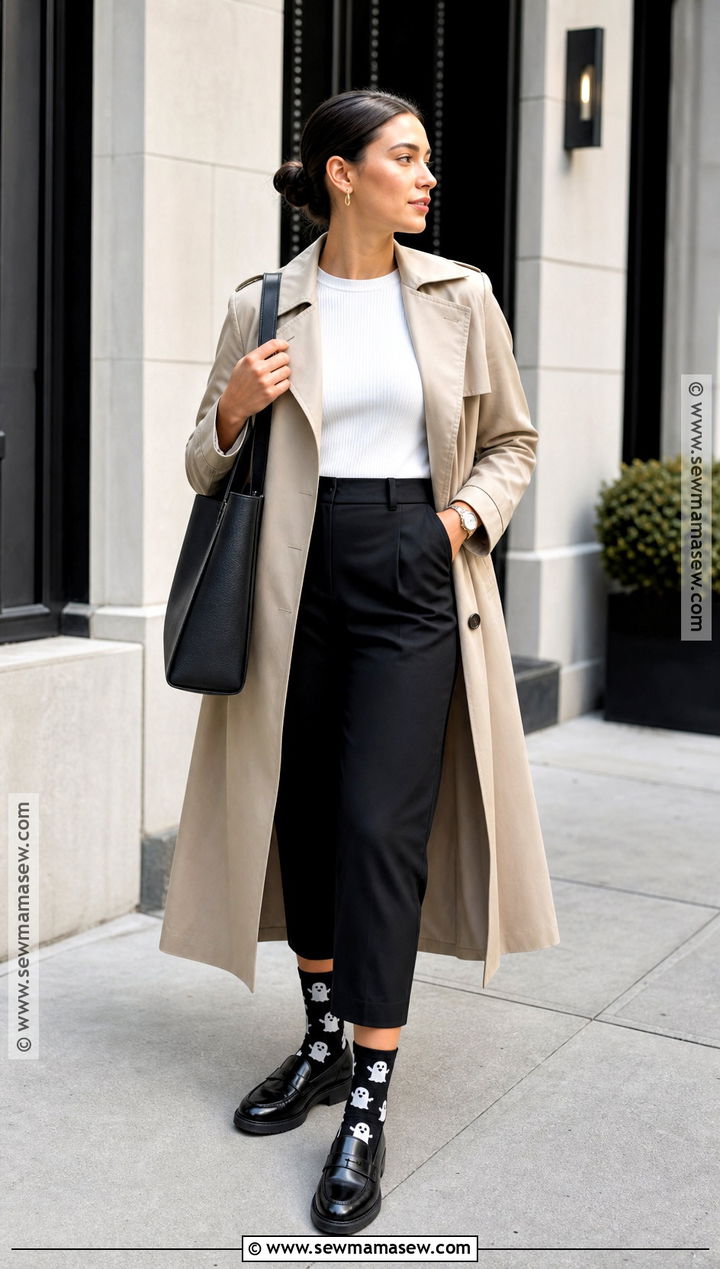Black And White Halloween Socks With Trench Coat Outfit - 30 Halloween Socks Ideas