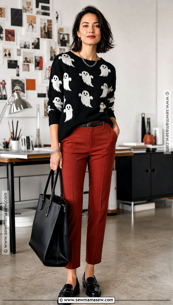 Black And White Halloween Sweater With Red Pants - 35 halloween sweater ideas