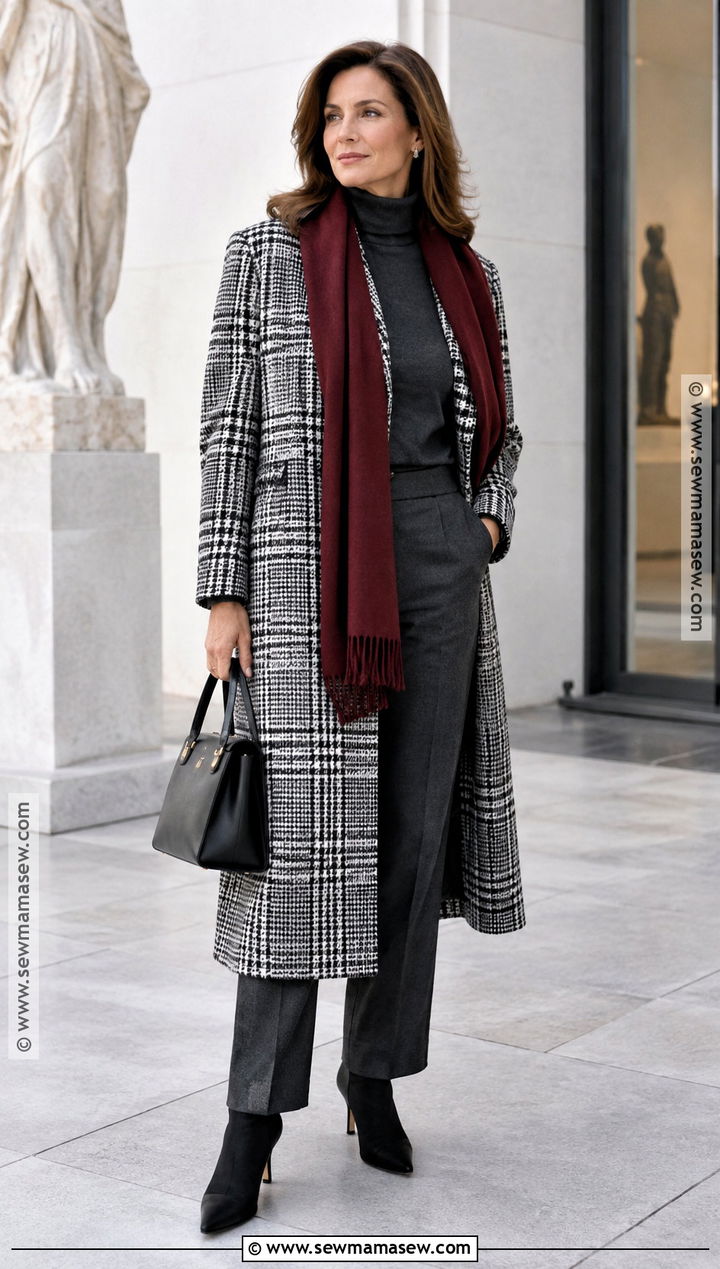 Black And White Plaid Coat With Monochrome Layers And Sock Boots - 15 autumn outfit with plaid coat and boots