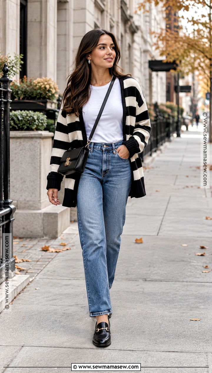 Black And White Striped Cardigan With Straight Leg Jeans - 15 autumn striped cardigan ideas