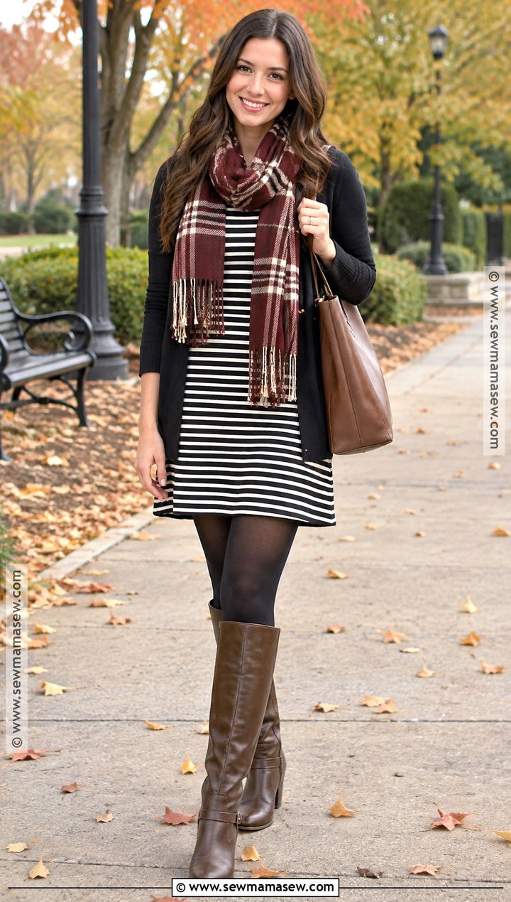 Black And White Striped Dress With Plaid Scarf And Riding Boots - 15 Black And White Striped Dress Outfit Fall Ideas