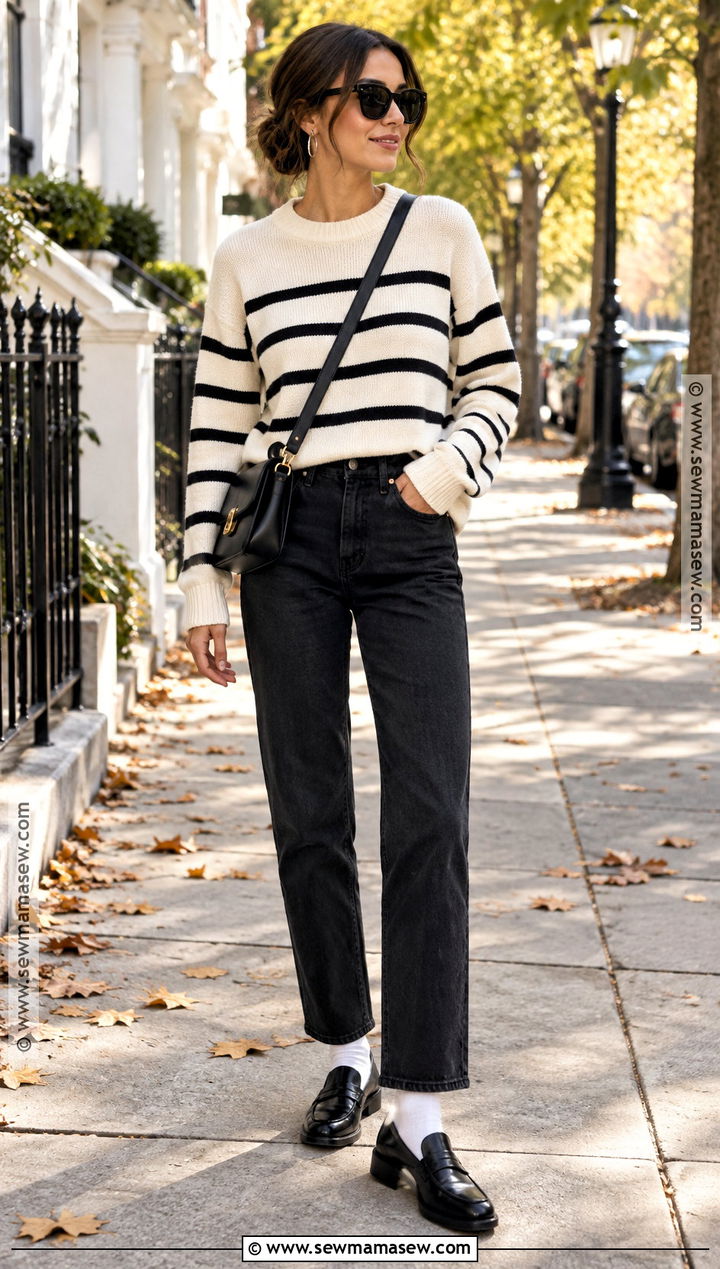 Black And White Striped Sweater With Jeans Outfit - 15 Fall Fashion Black And White Ideas