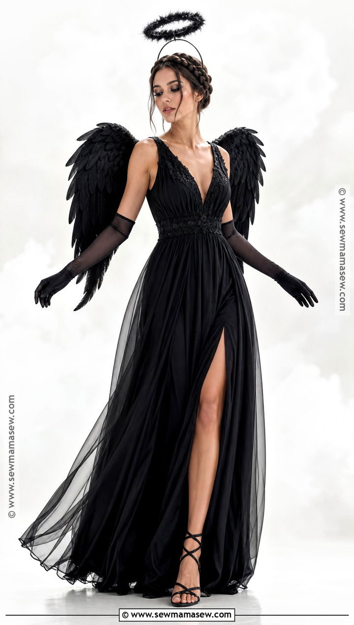 Black Angel Costume With Feathered Wings - 30 All Black Halloween Costume Ideas for Women