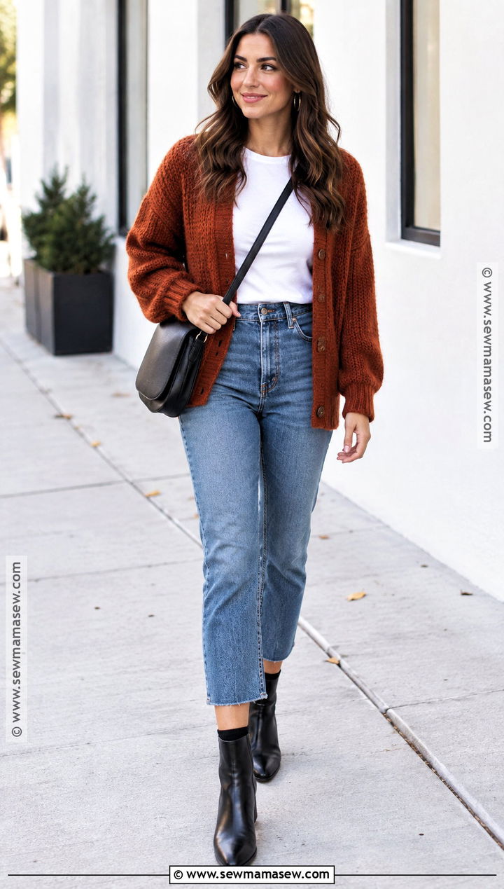 Black Ankle Boots With Cropped Jeans And Cardigan - 20 black ankle boots outfit fall