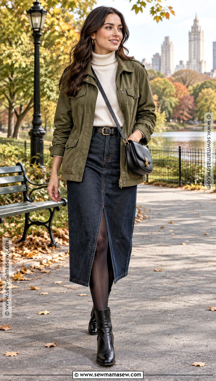 Black Ankle Boots With Denim Skirt And Utility Jacket - 20 black ankle boots outfit fall