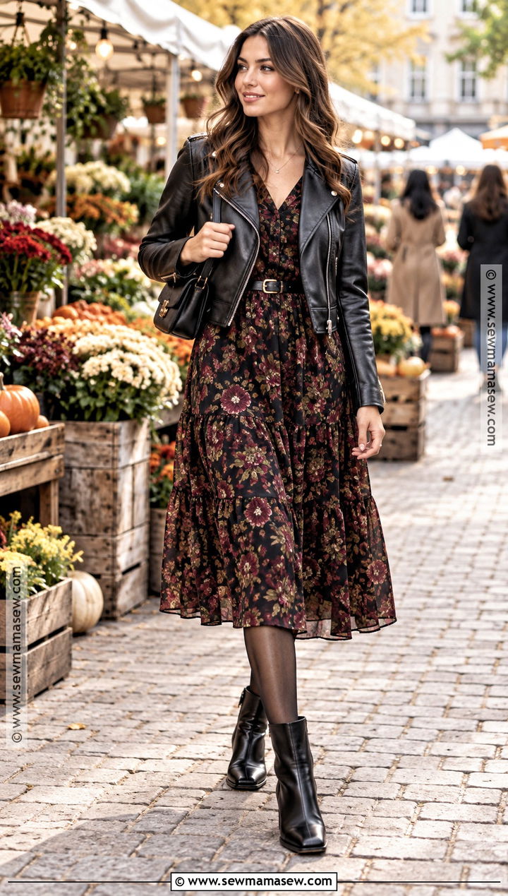 Black Ankle Boots With Floral Midi Dress And Jacket - 20 black ankle boots outfit fall