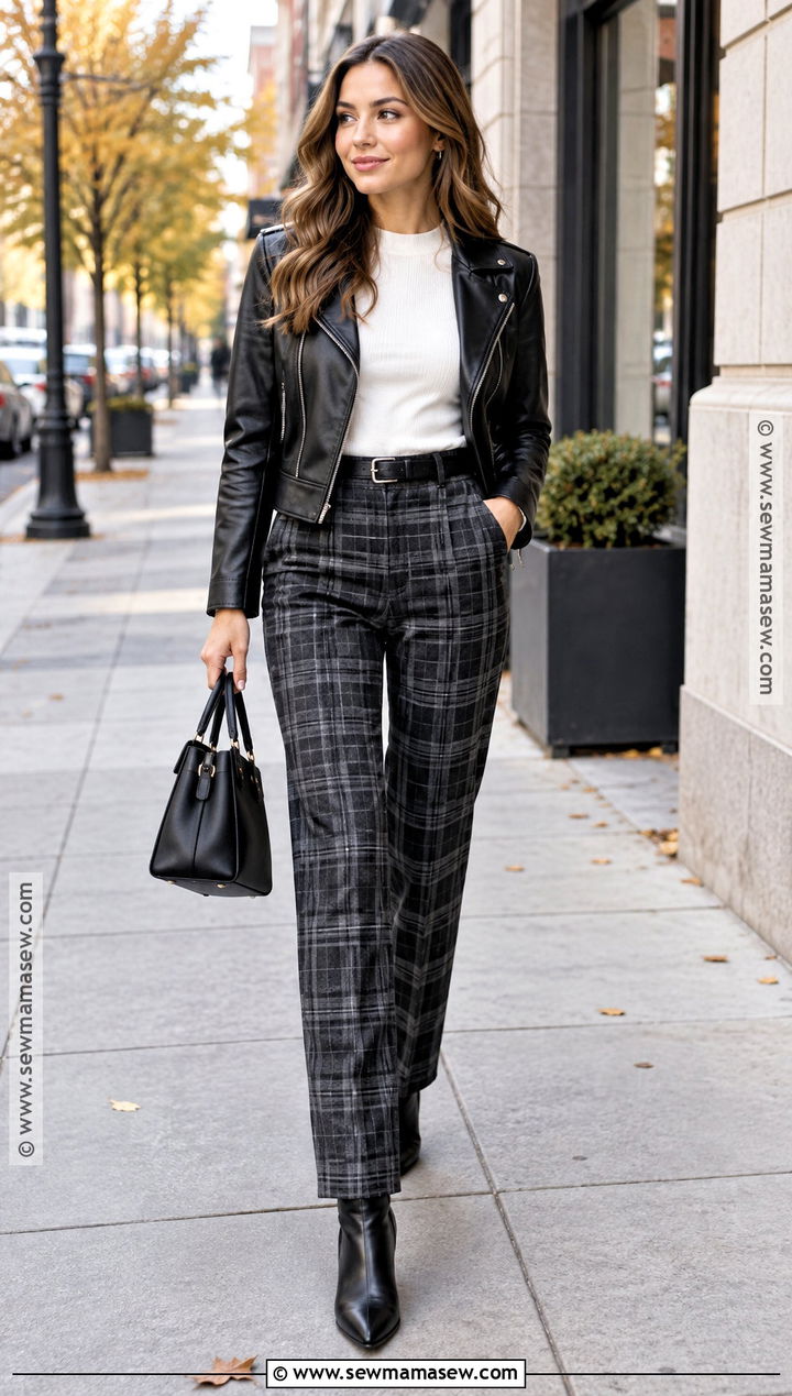 Black Ankle Boots With Plaid Pants And Moto Jacket - 20 black ankle boots outfit fall