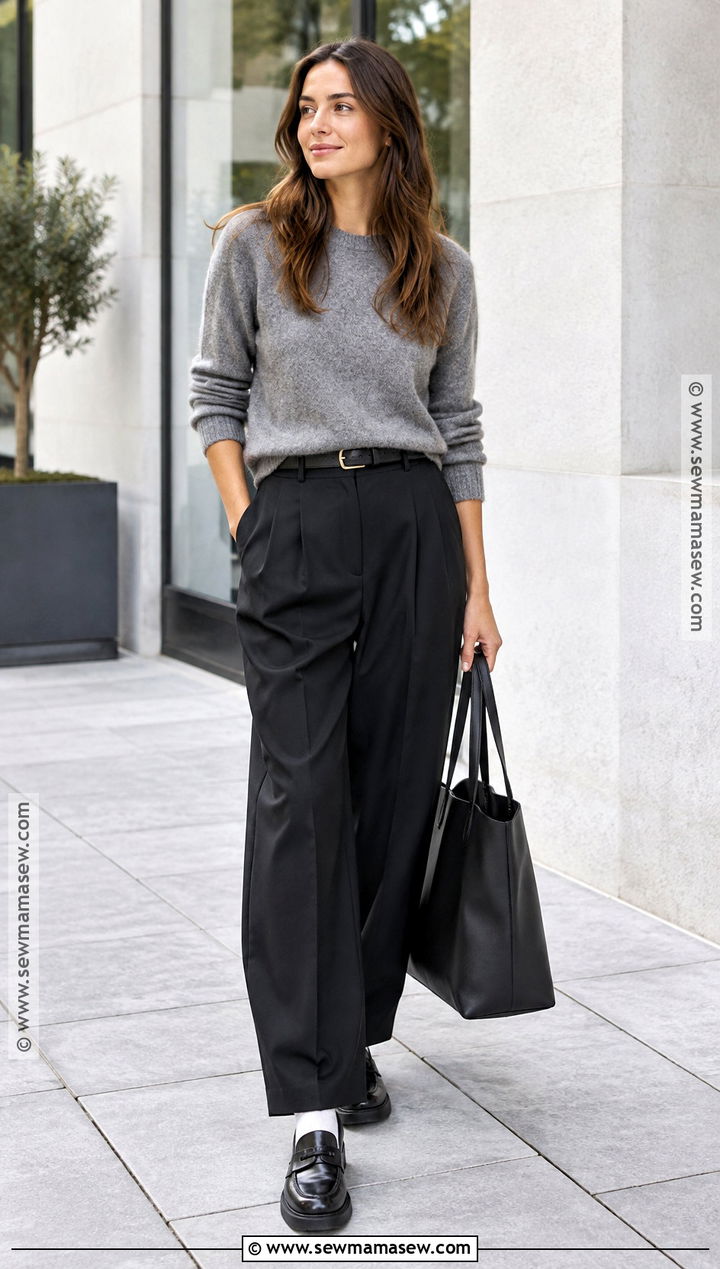 Black Baggy Pants With Sweater And Loafers - 15 Fall Baggy Pants Outfit