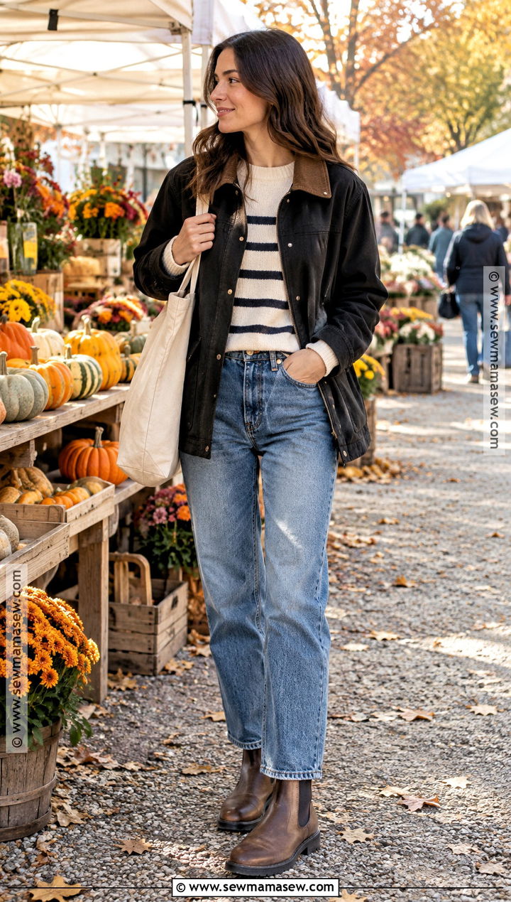 Black Barn Jacket With Blue Jeans - 20 black jacket fall outfit ideas