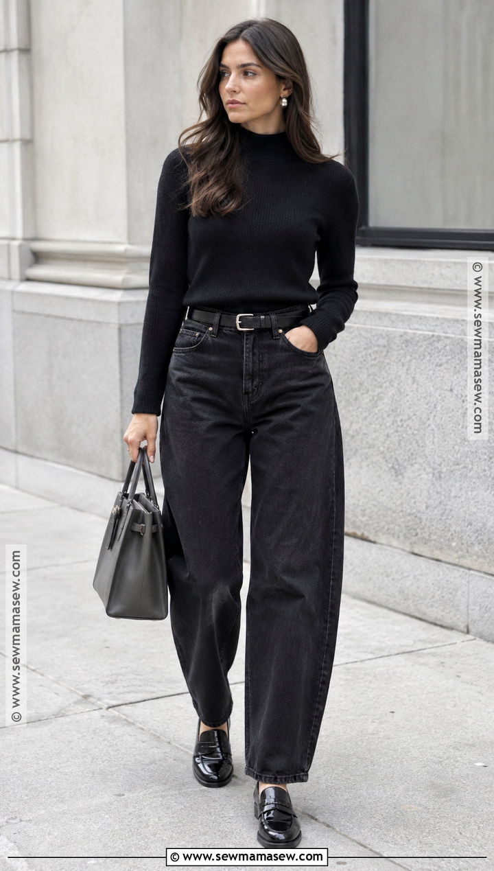 Black Barrel Jeans With Black Sweater And Loafers - 20 Fall Barrel Jean Outfits