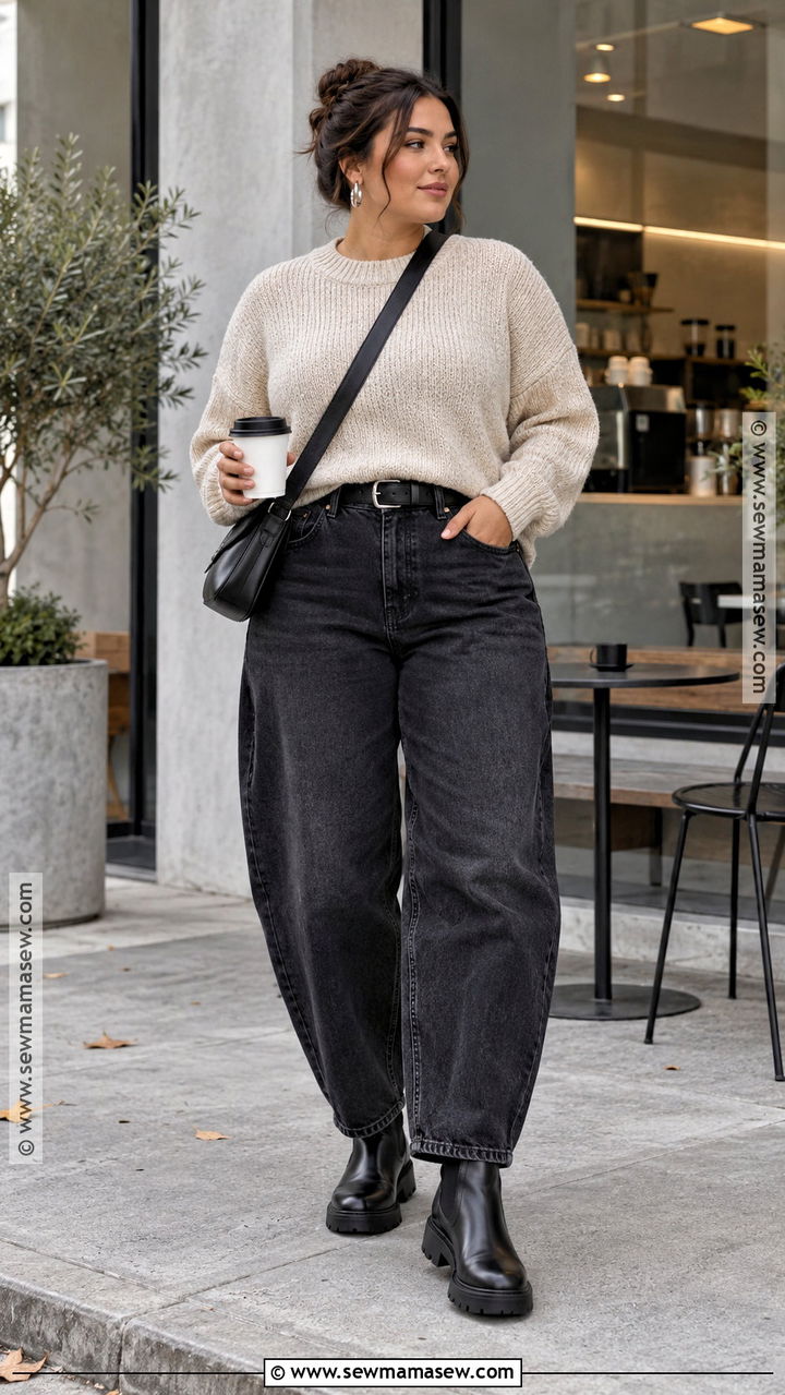 Black Barrel Jeans With Knit Sweater and Chelsea Boots - 20 Style Barrel Jeans For Fall