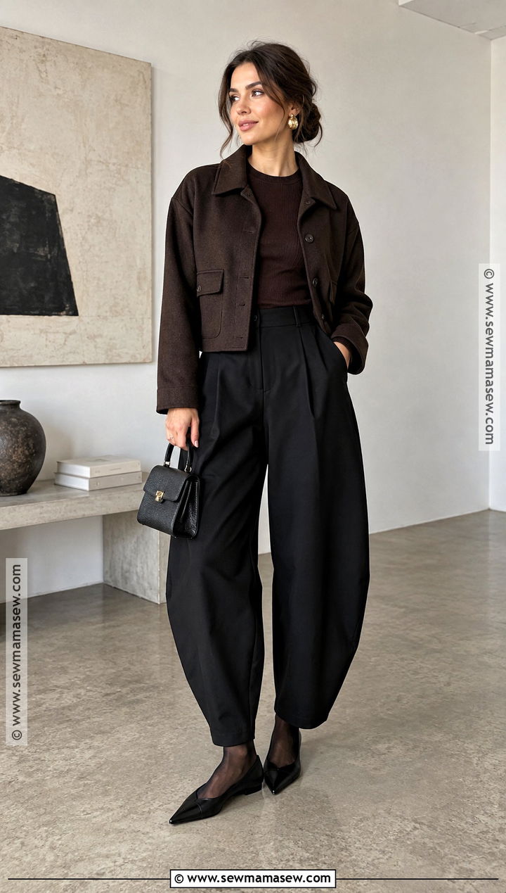 Black Barrel Pants With Fitted Knit And Flats - 20 black pants outfit autumn