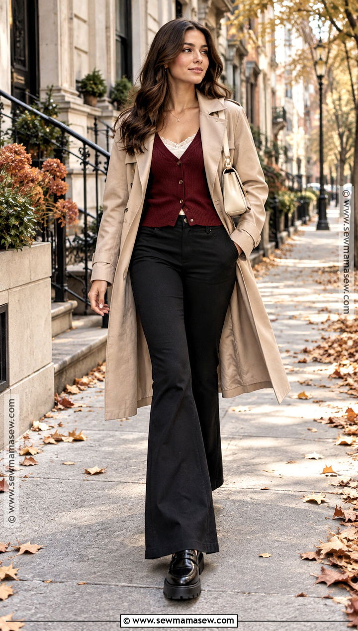 Black Bell Bottoms With Burgundy Cardigan And Trench Coat - 15 black bell bottoms outfit fall ideas