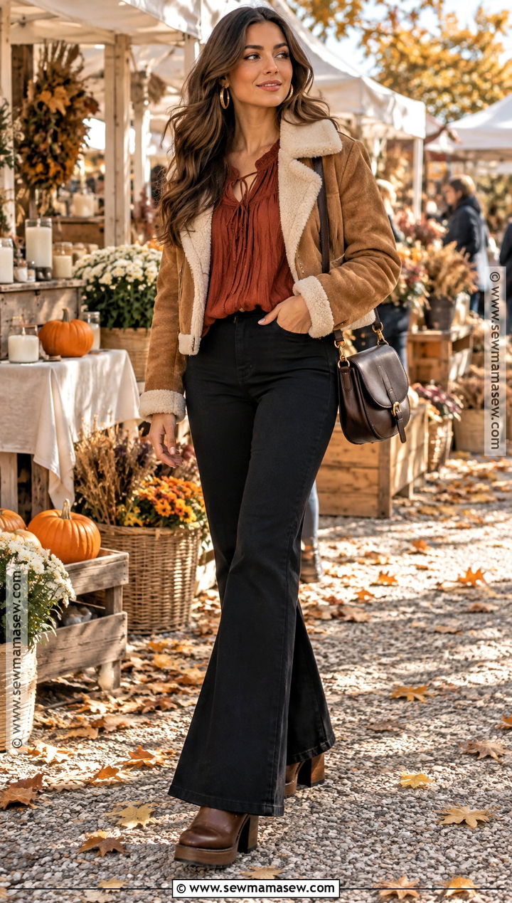 Black Bell Bottoms With Rust Blouse And Shearling Jacket - 15 black bell bottoms outfit fall ideas