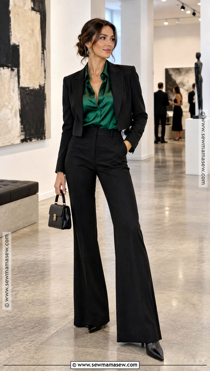 Black Bell Bottoms With Satin Blouse And Cropped Blazer - 15 black bell bottoms outfit fall ideas