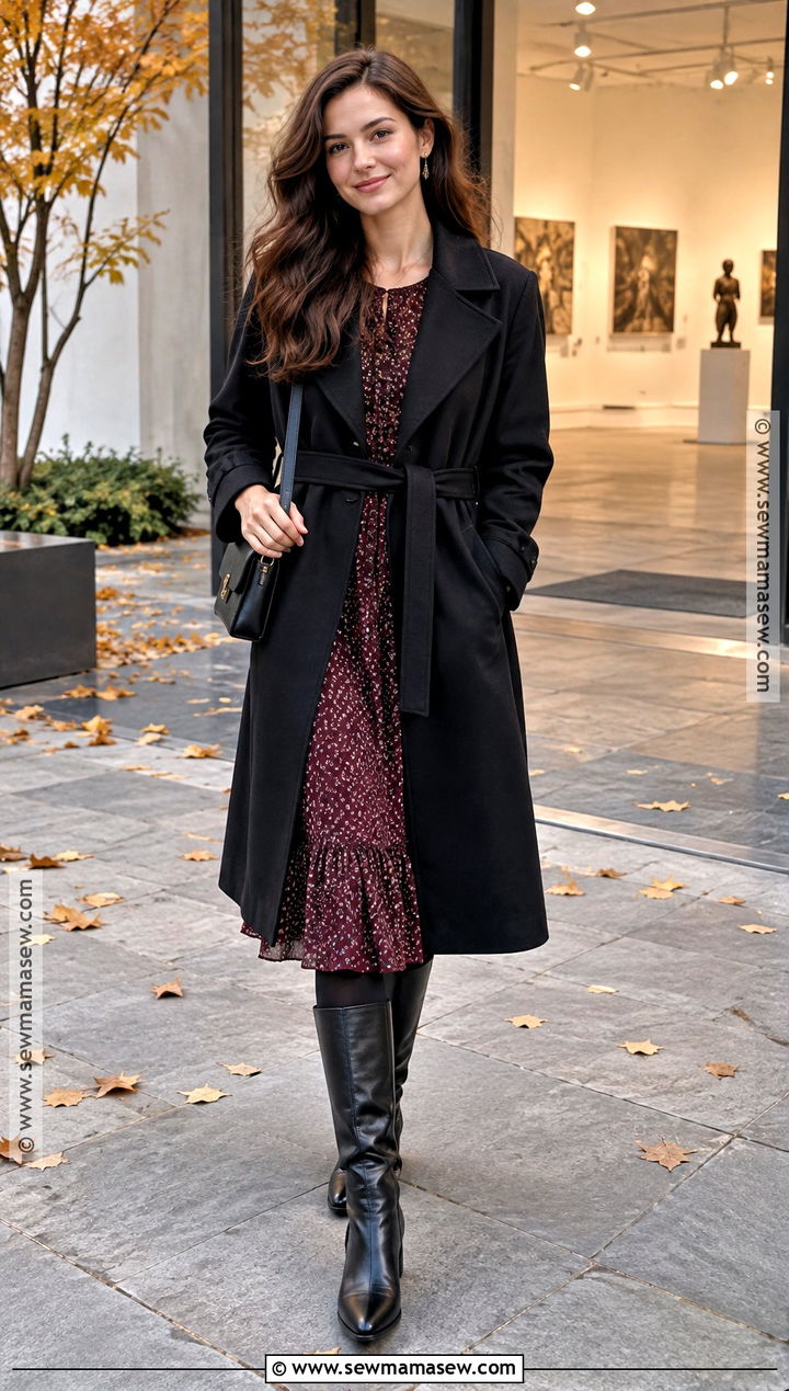 Black Belted Coat Outfit With A Midi Dress - 25 autumn coat ideas