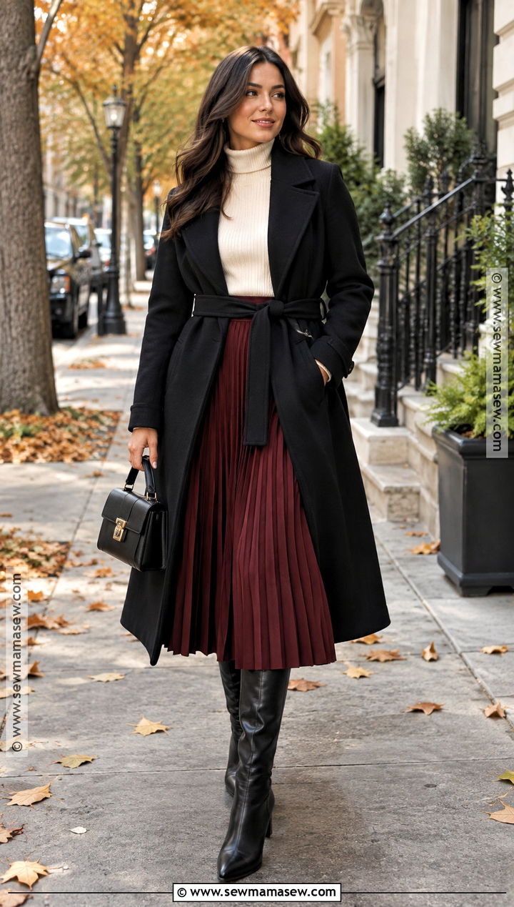 Black Belted Coat With Midi Skirt - 20 black coat autumn outfit ideas