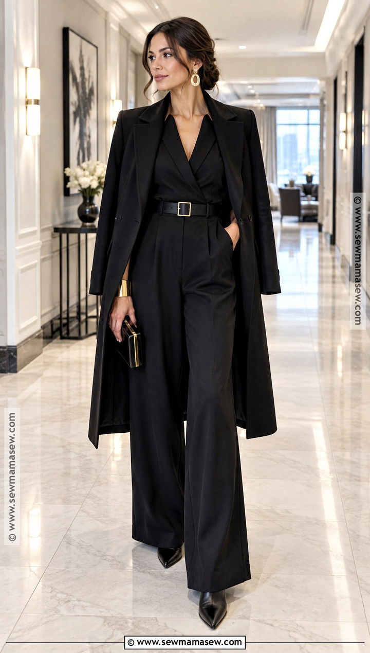 Black Belted Jumpsuit And Long Coat Outfit - 15 all black fall outfits going out