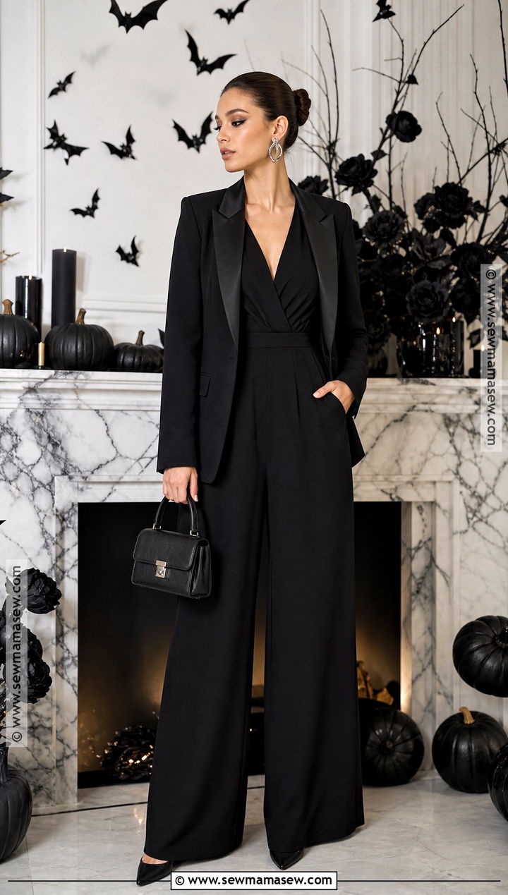 Black Blazer And Jumpsuit Halloween Outfit - 30 black halloween outfit ideas