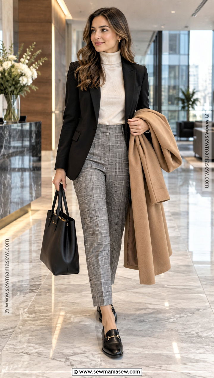 Black Blazer And Plaid Trousers November Office Outfit - 20 november office outfit ideas