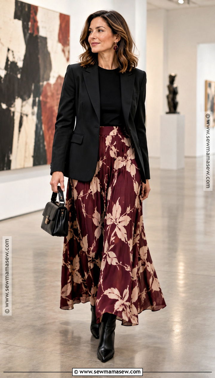 Black Blazer And Printed Maxi Skirt Fall Outfit - 20 Fall Outfits For Women In Their 40S