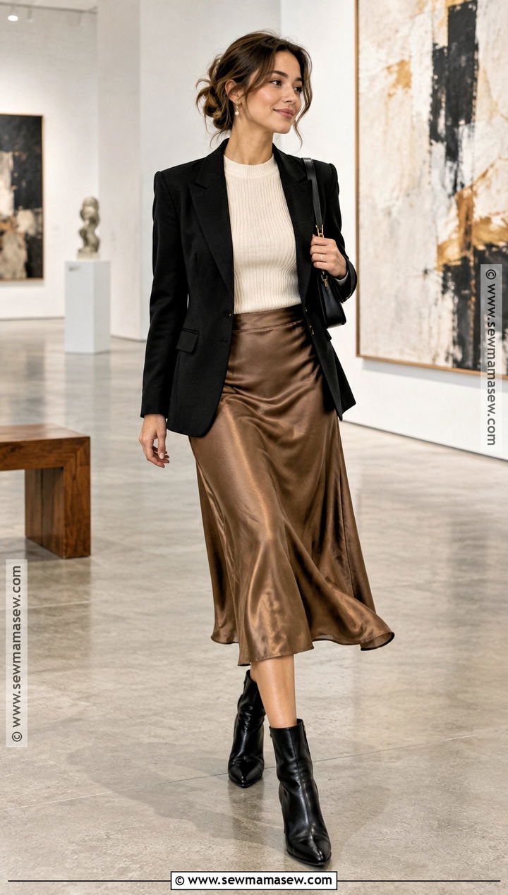 Black Blazer With Satin Midi Skirt - 20 fall blazer ideas