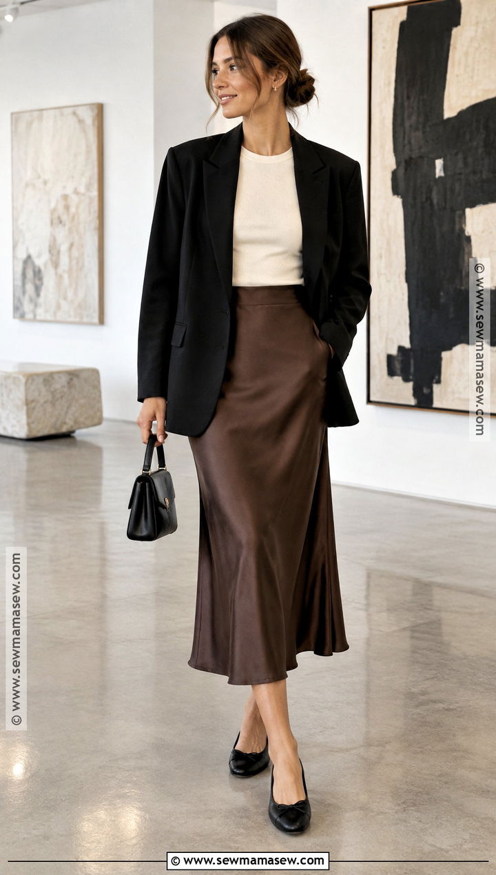 Black Blazer With Satin Skirt and Flats Fall Capsule Outfit - 25 fall winter capsule wardrobe ideas