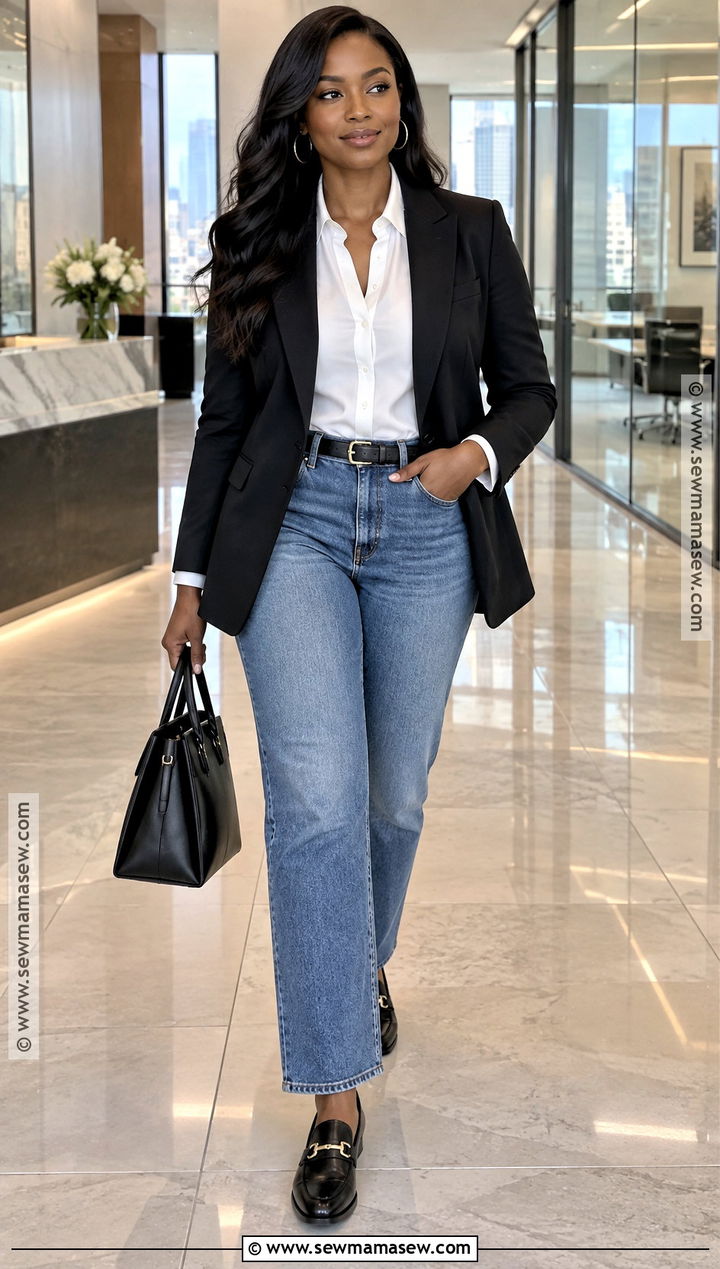 Black Blazer and Blue Jeans Fall Outfit for Black Women - 20 Black Women Outfits Fall