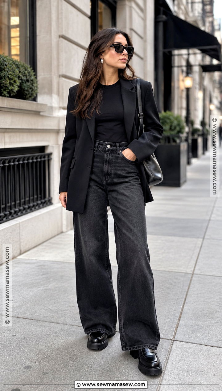Black Blazer and Wide Leg Jeans Fall Outfit - 15 Cute All Black Fall Outfits