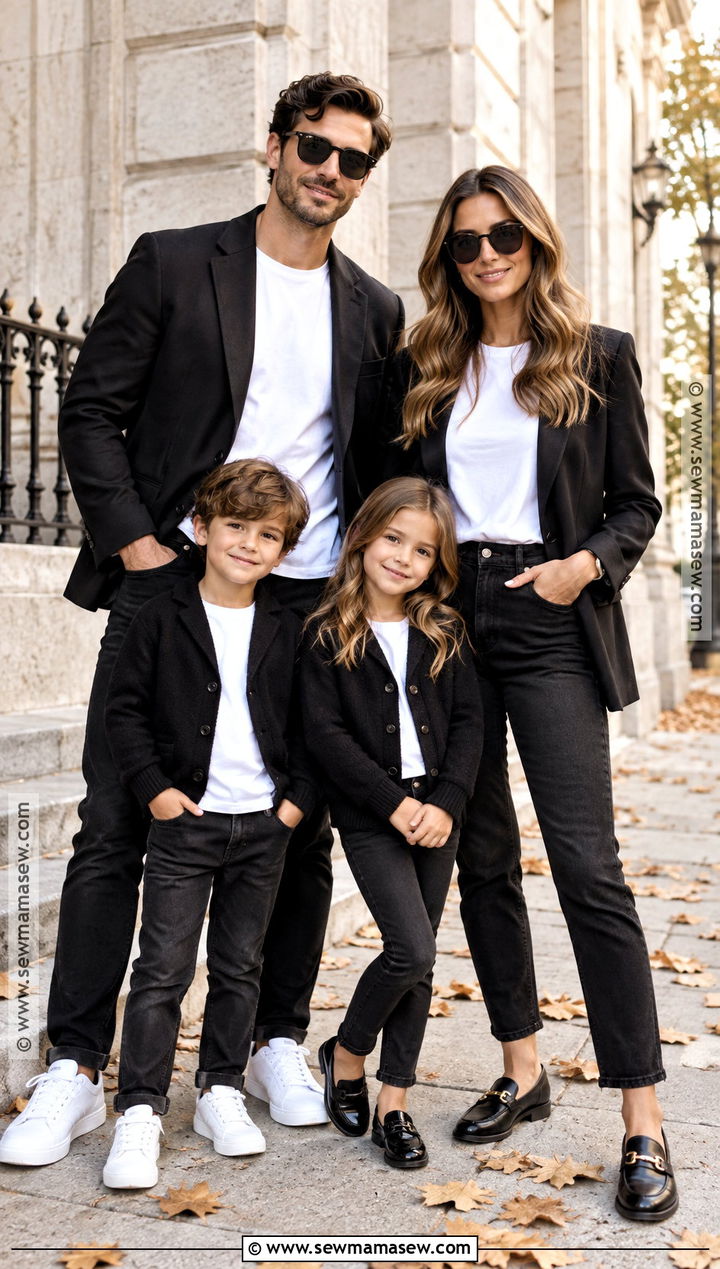 Black Blazers And White T Shirts Family Outfit - 15 Fall Family Photos Black And White Outfits