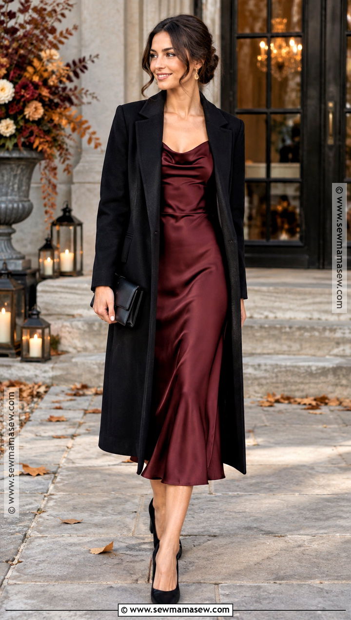 Black Block Heels With Burgundy Midi Dress - 15 shoes for fall wedding guest