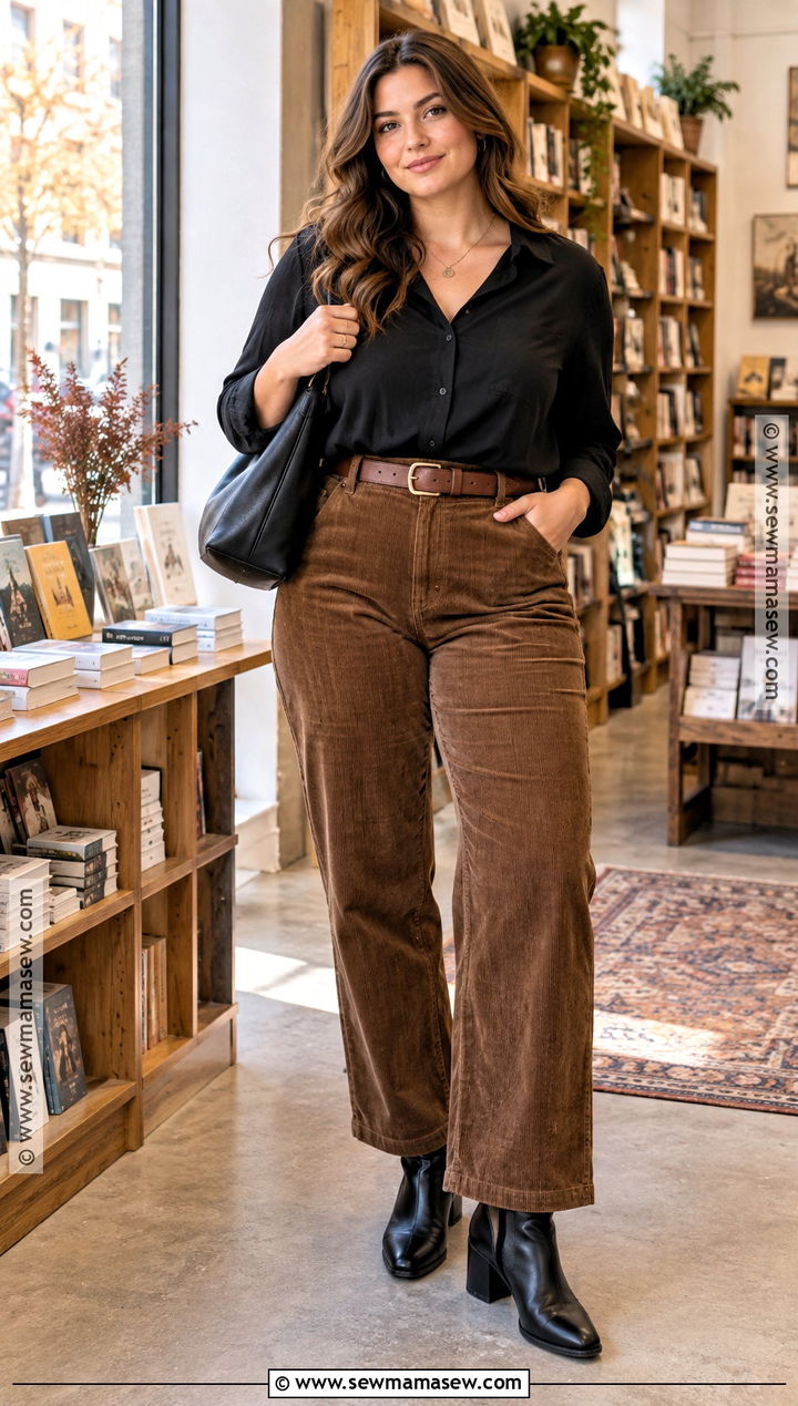 Black Blouse And Brown Corduroy Pants Outfit - 20 Black And Brown Fall Outfits